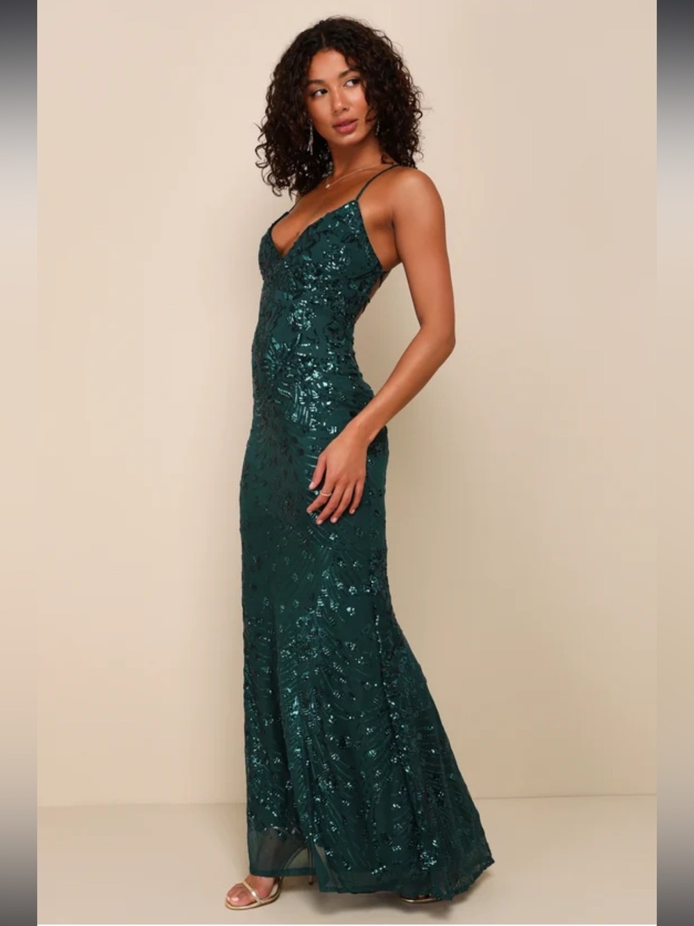 Lulus Photo Finish Forest‎ Green Sequin Lace Up Maxi Dress Women XS Lined